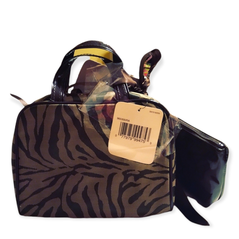 Unbranded zebra print canvas cosmetic bag combo w/ small shiny brown bag.